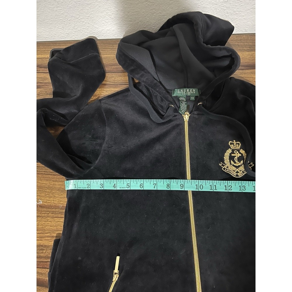Vintage Lauren Ralph Lauen Velvet Hoodie Crest Black Jacket P/M cottonblend - Picture 11 of 14